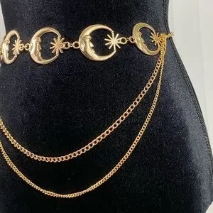 Celestial Crescent Moon Multi Layer Chain Statement Belt Metal Waist Belt Gold Women High Waist Hip Gold Metal Chain Links Fashion Narrow  main image 2
